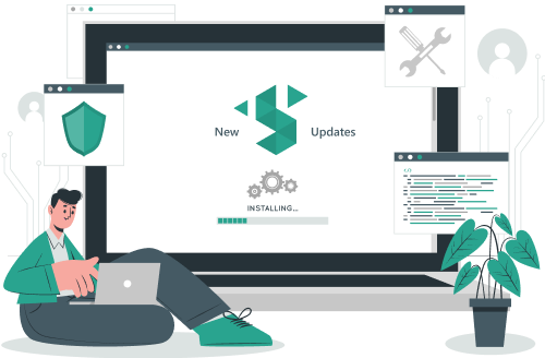 Person at laptop with update screens